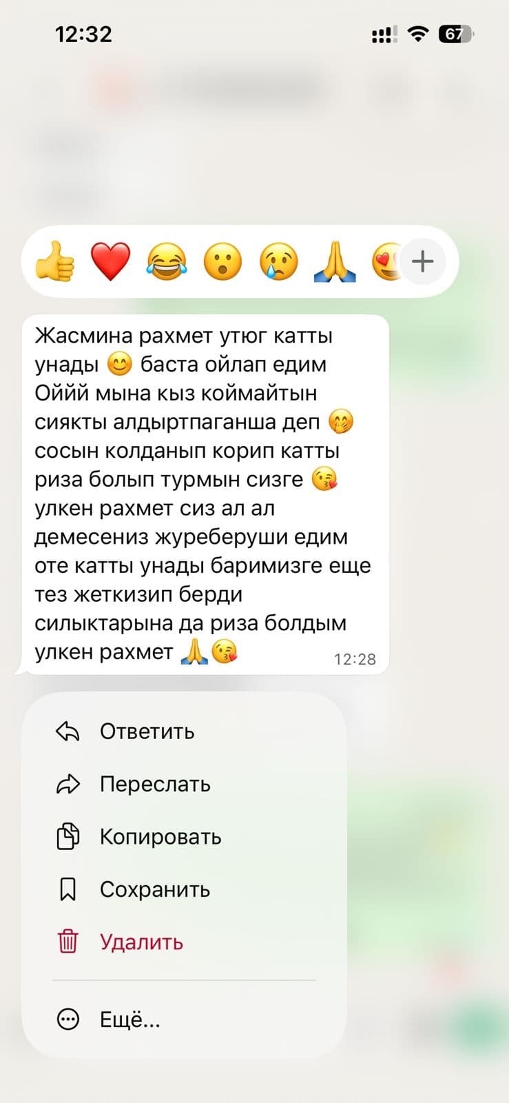 WhatsApp-тағы клиент пікірінің скриншоты